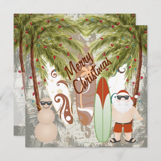 サンタ&サーフボードビーチメリークリスマスグリーティング シーズンカード (正面/裏面)