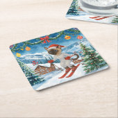 サンタ・シャムのクリスマススノーウィー猫好き スクエアペーパーコースター (アングル)