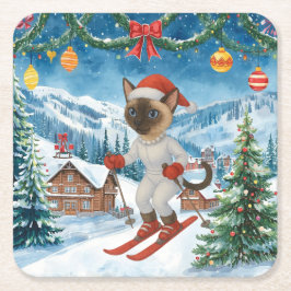サンタ・シャムのクリスマススノーウィー猫好き スクエアペーパーコースター