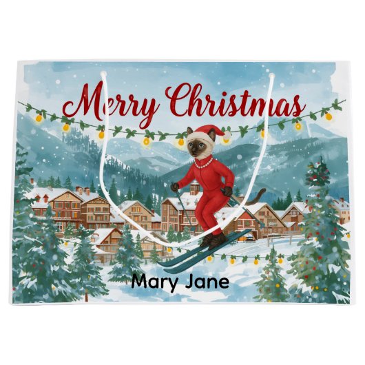 サンタ・シャムのクリスマススノーウィー猫好き ラージペーパーバッグ (正面)