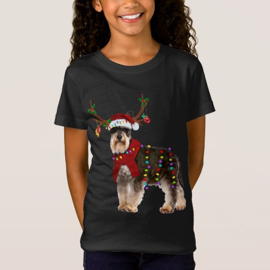 サンタ・シュナウザー・トナカイ・ライトクリスマス Tシャツ (正面)