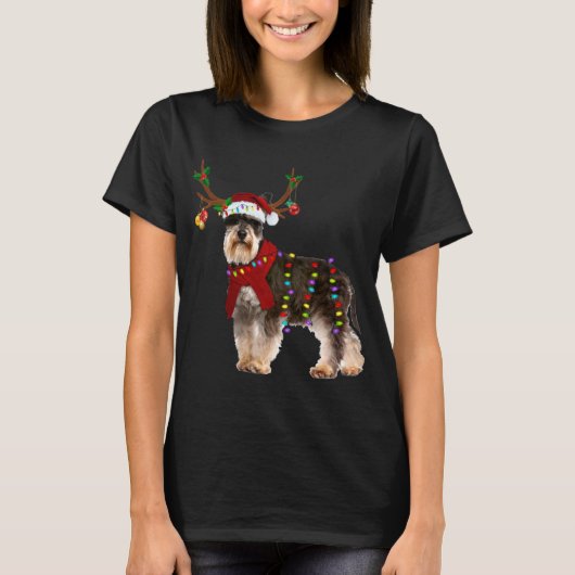 サンタ・シュナウザー・トナカイ・ライトクリスマス Tシャツ (正面)