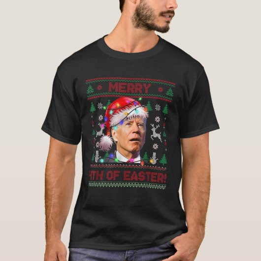 サンタ・ジョーメリーバイデン氏4thイースタークリスマスライト tシャツ (正面)