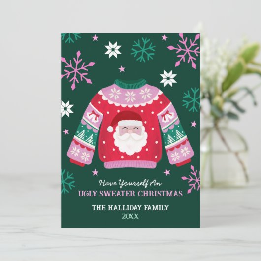 サンタ&スノーフレーク付きの醜いセーター シーズンカード (スタンド正面)