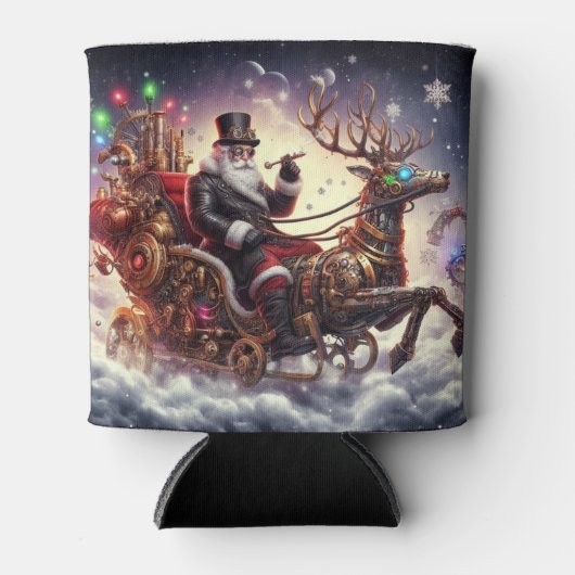 サンタ/トナカイのスチームパンクのクリスマス/冬 缶クーラー (正面)