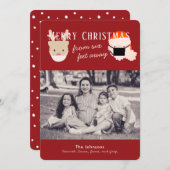 サンタ&トナカイのマスク赤クリスマスフォトカード シーズンカード (正面/裏面)