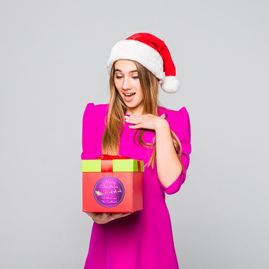 サンタ・トナカイの夕暮れピンクからメリークリスマス ラウンドシール