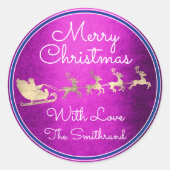 サンタ・トナカイの夕暮れピンクからメリークリスマス ラウンドシール (正面)