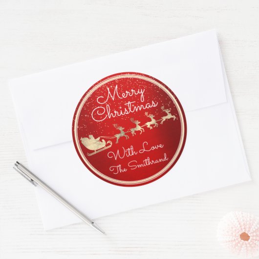 サンタ・トナカイの夕暮れ赤からメリークリスマス ラウンドシール (封筒)
