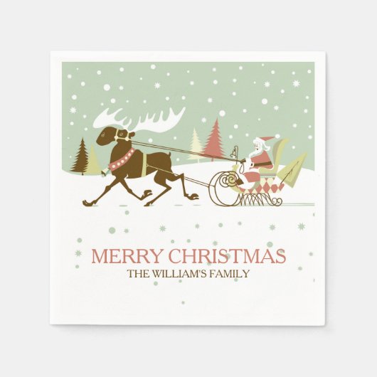 サンタ&トナカイレトロクリスマスデザイン スタンダードカクテルナプキン (正面)