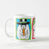 サンタ、トナカイ及び雪だるまのクリスマスの漫画のマグ コーヒーマグカップ (左)