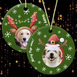 サンタ・トナカイ・アントラー・ハット付き犬のクリスマスフォト セラミックオーナメント