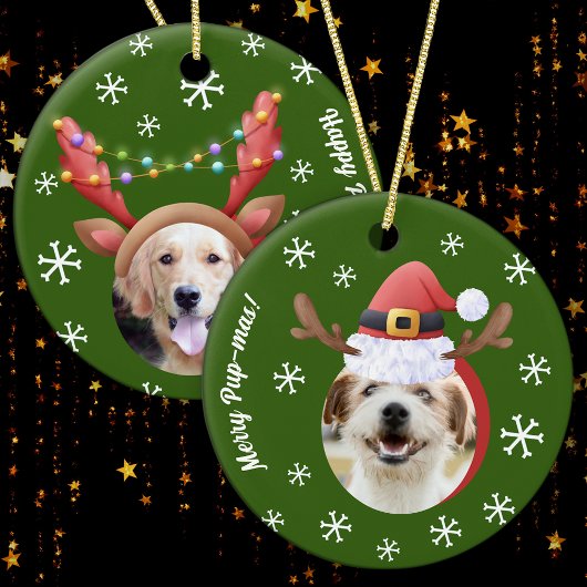 サンタ・トナカイ・アントラー・ハット付き犬のクリスマスフォト セラミックオーナメント