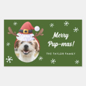 サンタ・トナカイ・アントラー・ハット・クリスマス付き犬の写真 長方形シール (正面)