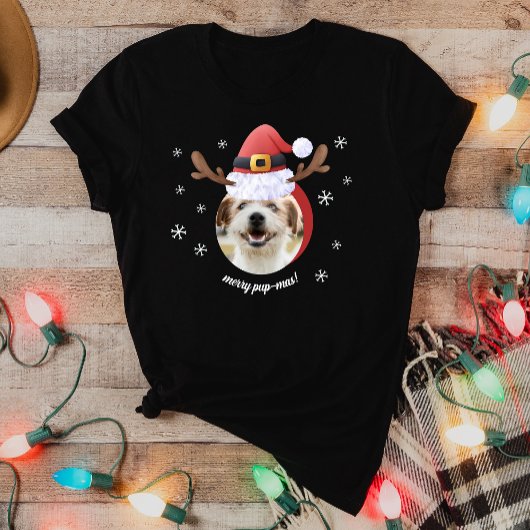 サンタ・トナカイ・アントラー・ハット・クリスマス付き犬の写真 Tシャツ