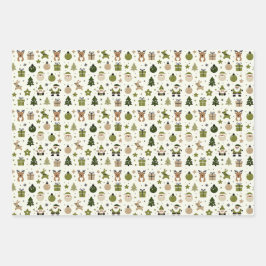 サンタ、トナカイ、ギフトと可愛いクリスマスパターン ラッピングペーパーシート