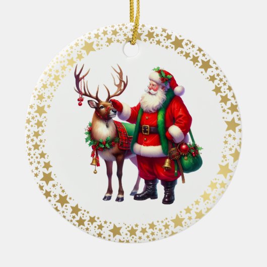 サンタ+トナカイ クリスマス 陶器 オーナメント (正面)