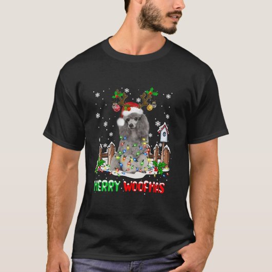 サンタ・トナカイ・プードル・ドッグ・クリスマス・ライト・ロングSl Tシャツ (正面)