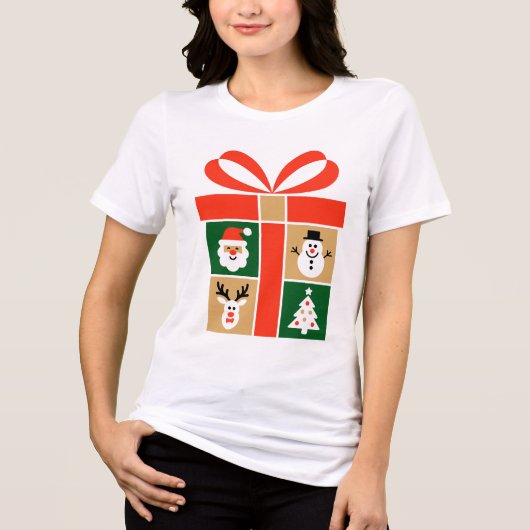 サンタ、トナカイ、雪だるま、ツリーのデザイン トライブレンドＴシャツ (正面)