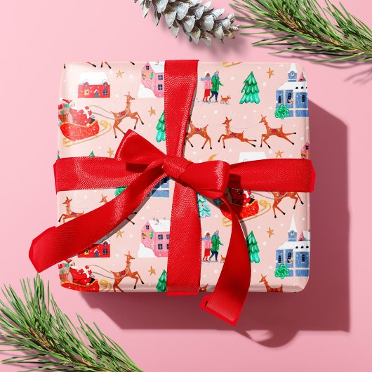 サンタ&トナディースピンククリスマスノルディックビレッジ ラッピングペーパー