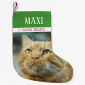 サンタ・トリート猫の写真パーソナライズされた スモールクリスマスストッキング (正面)