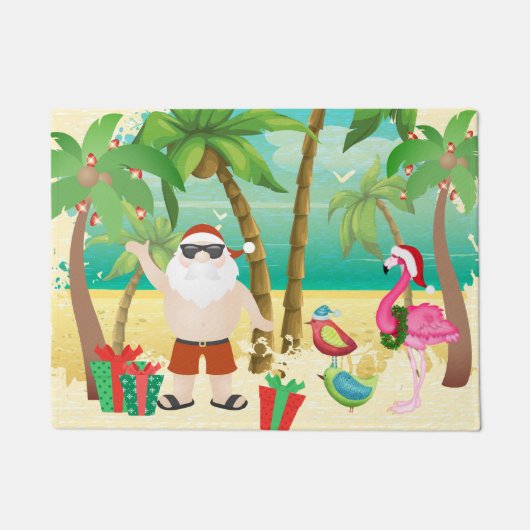 サンタ&トロピカルバードビーチクリスマスホリデー ドアマット (正面)