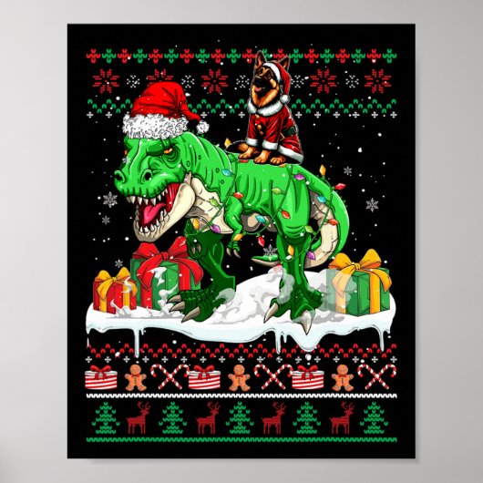 サンタ・ドイツの羊飼いTレックス・クリスマス汗に乗る ポスター (正面)