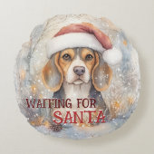 サンタ・ドッグの水色を待っているビーグル・クリスマス ラウンドクッション (正面)