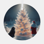 サンタ、ニューフ、ツリー白熱［赤熱］光を放つクリスマス ガラスオーナメント (裏面)