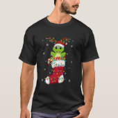 サンタ・ハットが靴下のカエルの動物クリスマスツリーのライト Tシャツ (正面)