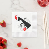 サンタ・ハットで様式化された黒いクリスマスキャット 縁ありカクテルナプキン (インサイチュ)