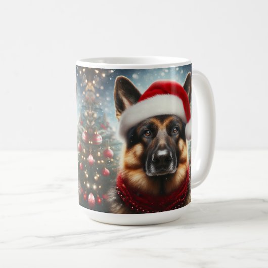 サンタ・ハットとスカーフを着たドイツの羊飼い コーヒーマグカップ (正面右)