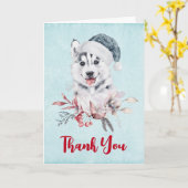 サンタ・ハットに住むクリスマスハスキー犬ありがとう カード (黄色い花)