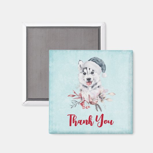 サンタ・ハットに住むクリスマスハスキー犬ありがとう マグネット (正面/裏面)