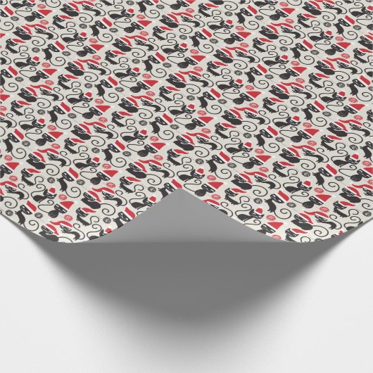 サンタ・ハットに登場する愛らしいヴィンテージのクリスマス猫 ラッピングペーパー (角)