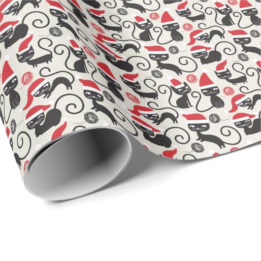 サンタ・ハットに登場する愛らしいヴィンテージのクリスマス猫 ラッピングペーパー (ロールコーナー)