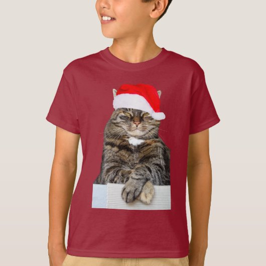 サンタ・ハットのクリスマスキャット写真 Tシャツ (正面)