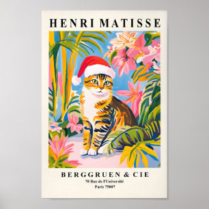 サンタ・ハットのグレーのタビー・キャット、クリスマス・デコールL ポスター