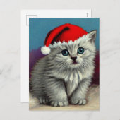 サンタ・ハットのヴィンテージ・クリスマスキャット シーズンポストカード (正面/裏面)