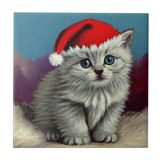サンタ・ハットのヴィンテージ・クリスマスキャット タイル (正面)