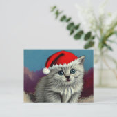 サンタ・ハットのヴィンテージ・クリスマスキャット ポストカード (スタンド正面)