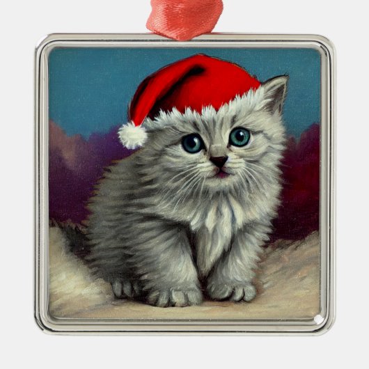 サンタ・ハットのヴィンテージ・クリスマスキャット メタルオーナメント (正面)