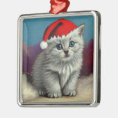 サンタ・ハットのヴィンテージ・クリスマスキャット メタルオーナメント (左)
