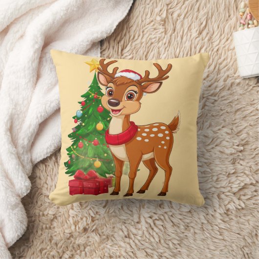 サンタ・ハットの愛らしいマンガ・トナカイ クッション (ブランケット)