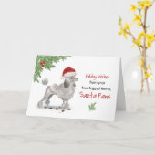 サンタ・ハットの犬からの灰色のプードルおもしろいクリスマス カード (黄色い花)