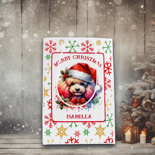 サンタ・ハットの甘い水の色のプードル ミディアムペーパーバッグ