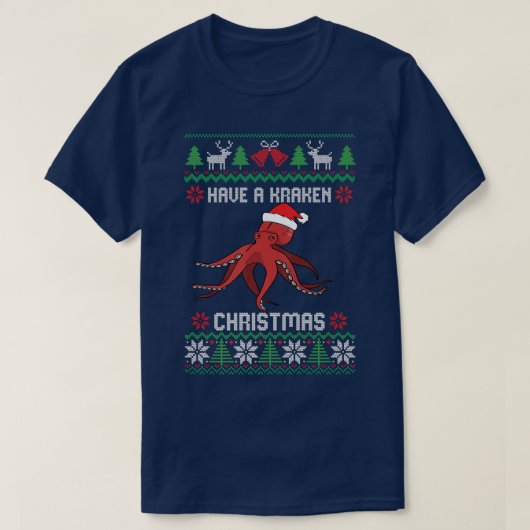サンタ・ハットの醜いクリスマとクラケンのタコを食べる Tシャツ (デザイン正面)