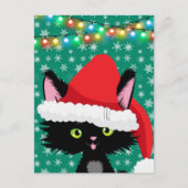 サンタ・ハットの雪の結晶と灯り付きクリスマスキャット ポストカード (正面)
