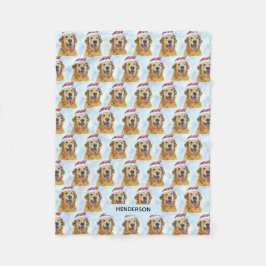 サンタ・ハットまたはドッグカスタム写真のゴールデンレトリバー フリースブランケット