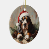 サンタ・ハット油絵のバセット・ハウンド セラミックオーナメント (右)